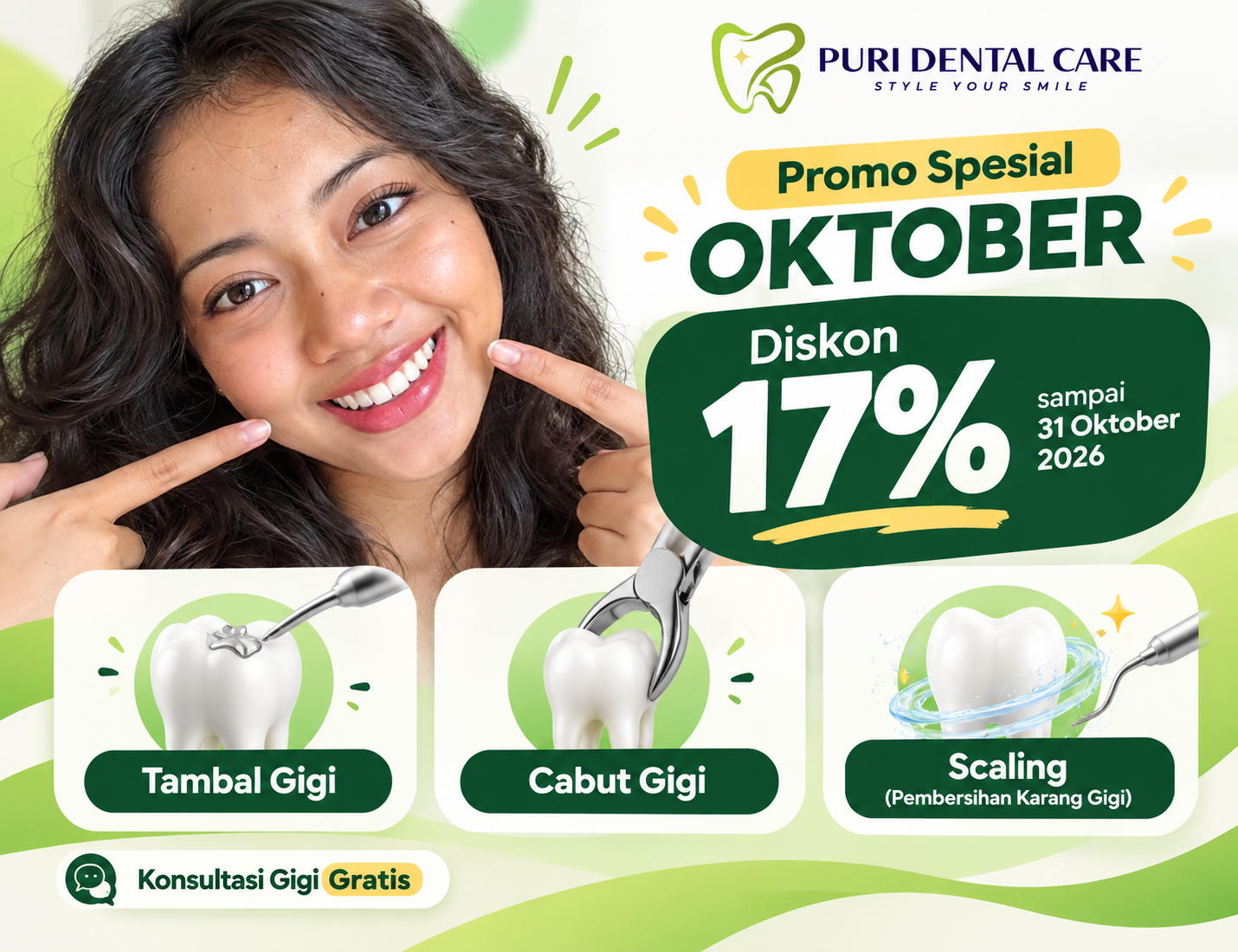 Promo spesial Oktober: diskon 17% untuk tambal gigi, cabut gigi, dan scaling